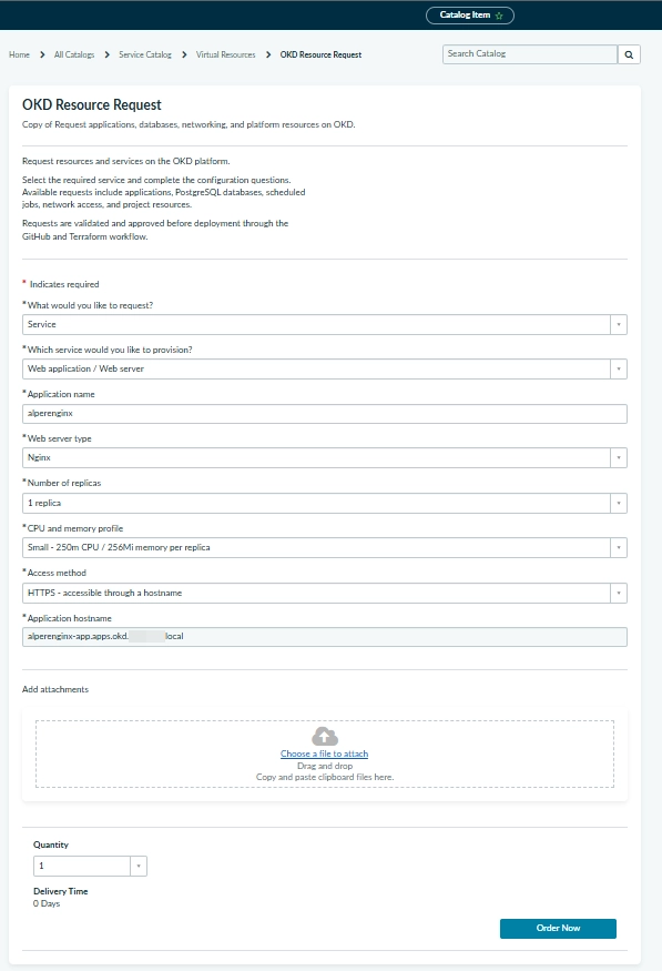 ServiceNow catalog form with approved NGINX, replica, resource, and HTTPS route choices. The displayed memory label differs from the deployed profile.