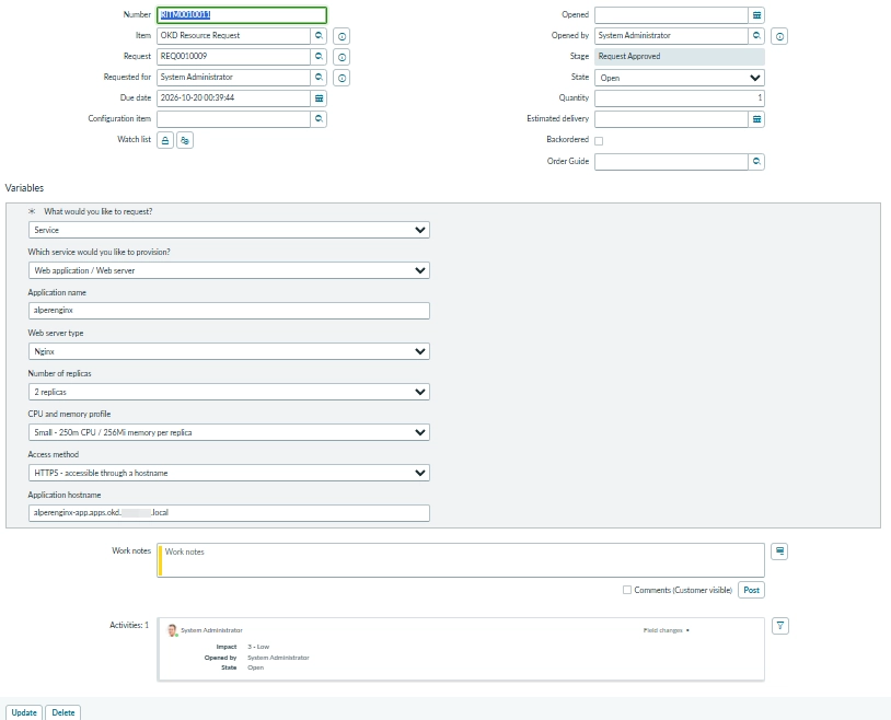 The RITM contains the submitted application variables, including the two-replica selection.