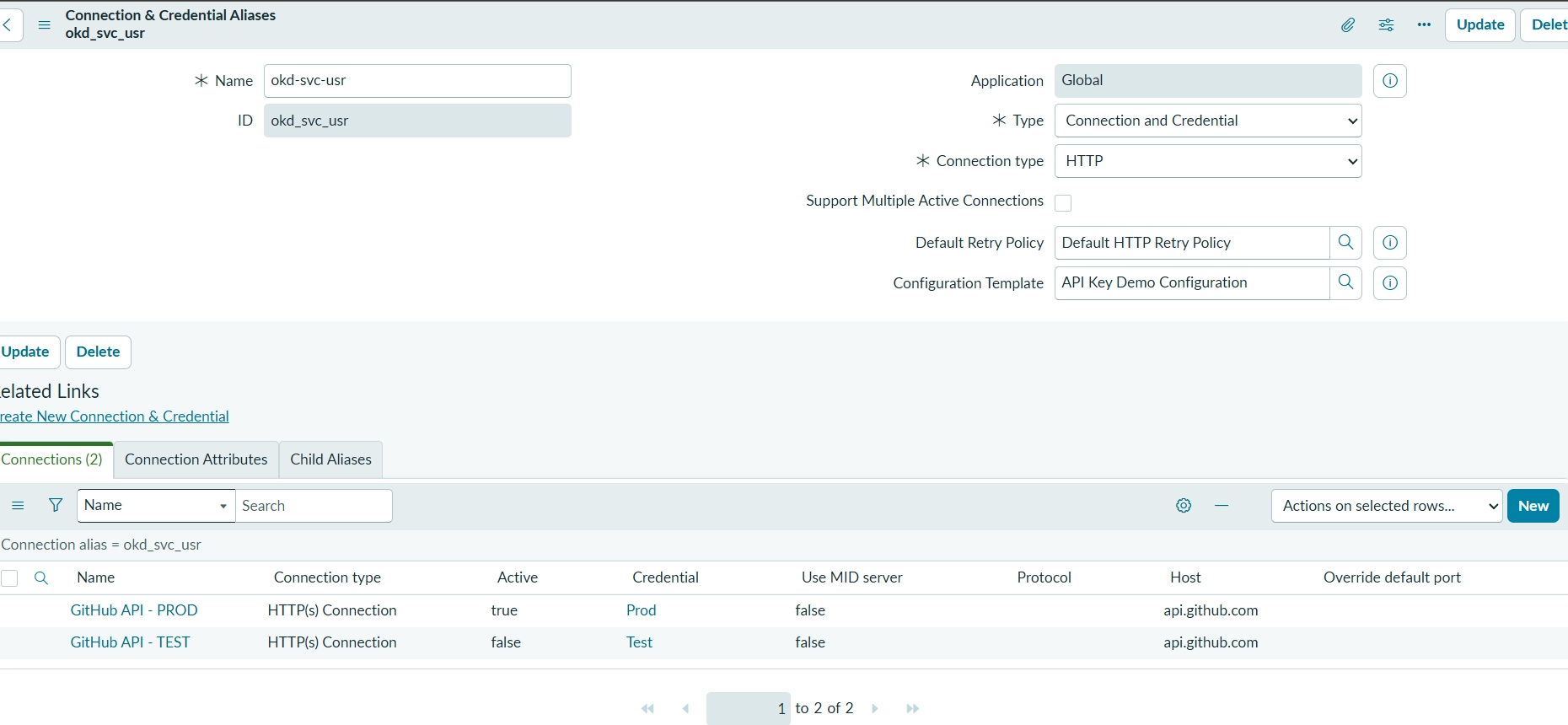 PAT integration: the HTTP Connection & Credential Alias uses the API Key template. This capture shows GitHub API - PROD active and TEST inactive; the active connection supplies the credential, not the environment name.