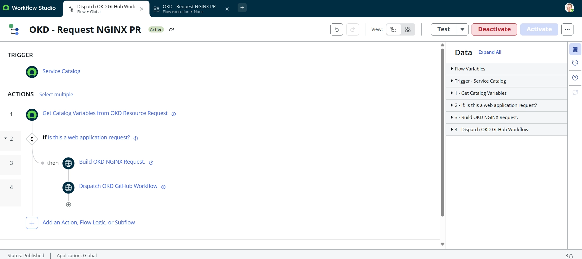 PAT integration: the active Service Catalog flow reads variables, checks the web request, builds the request JSON, and dispatches the GitHub workflow. These are the standard PAT-based Actions, not the GitHub App Script step.