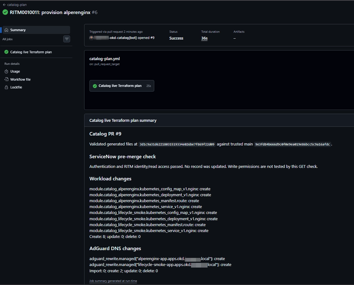 The live Terraform preview validates the generated change and performs a read-only ServiceNow identity check.