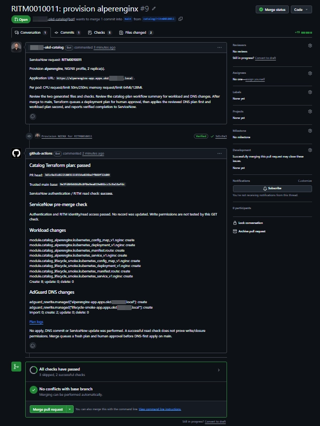 The generated pull request brings request metadata, workload changes, and DNS changes into review.
