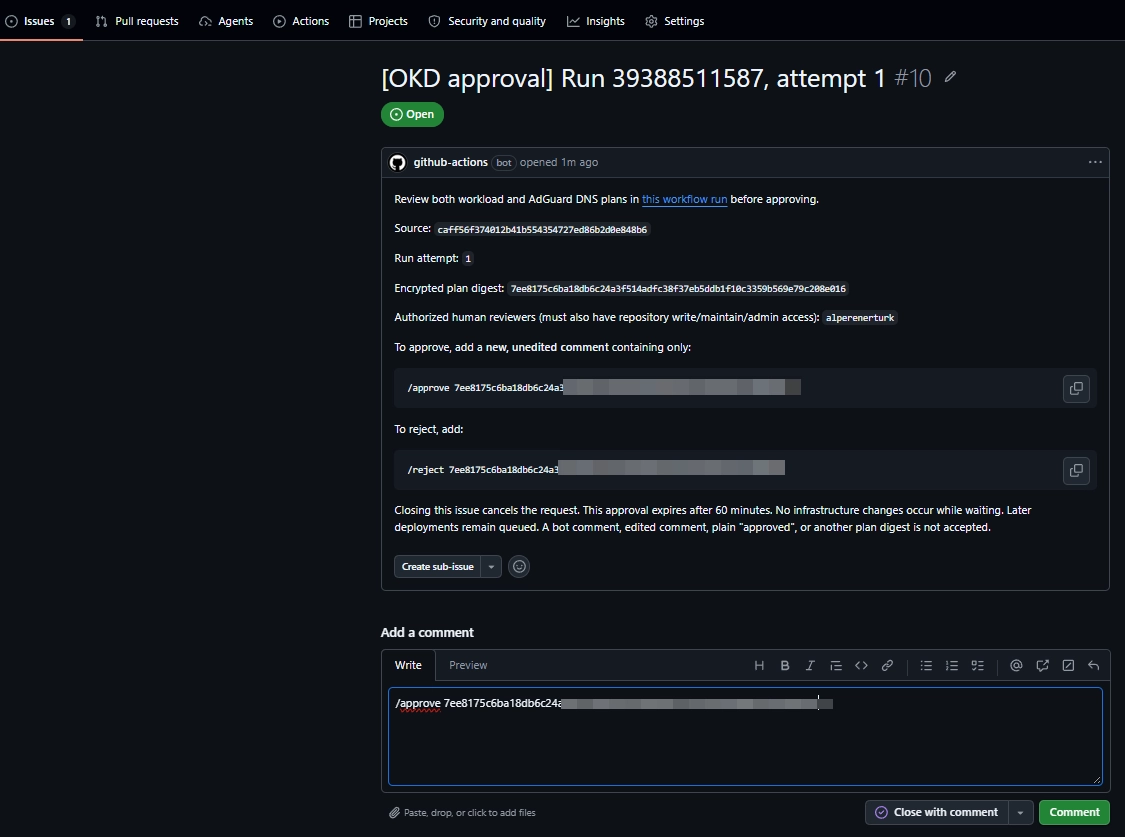The approval issue binds the reviewer’s command to the encrypted saved-plan bundle digest.