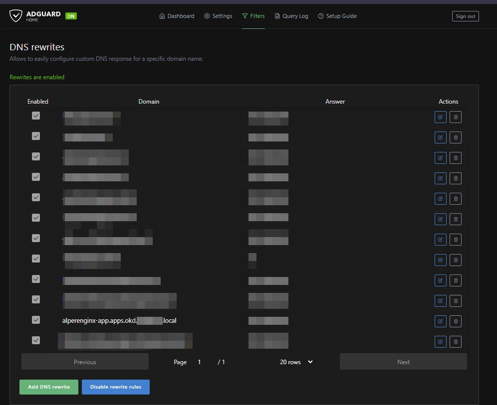 AdGuard DNS rewrites connect the application route to the lab’s ingress address.