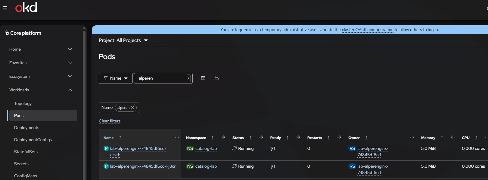 OKD shows both NGINX pods Running, each 1/1 Ready, with zero restarts.