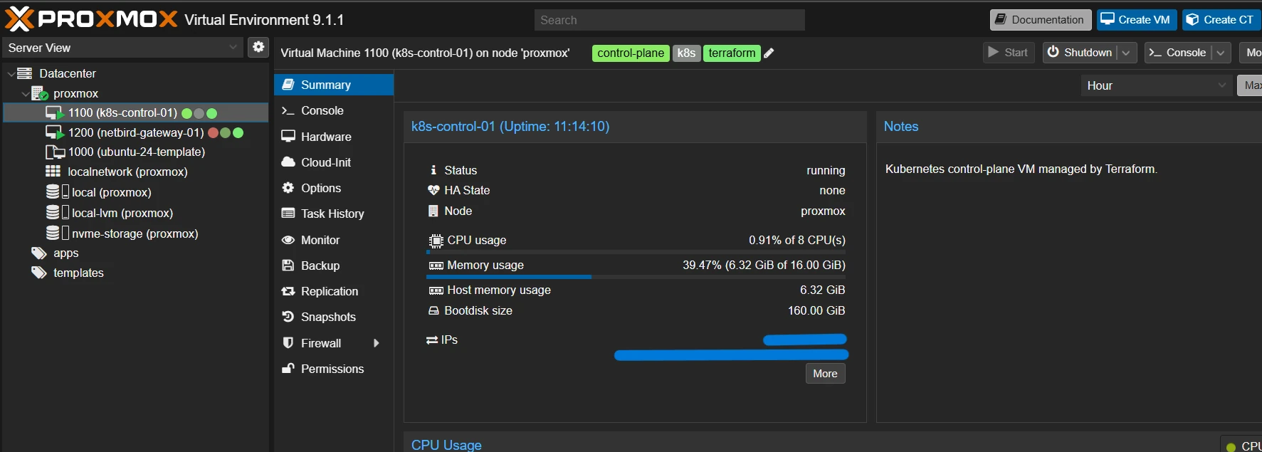 Proxmox GUI showing the k8s-control-01 virtual machine