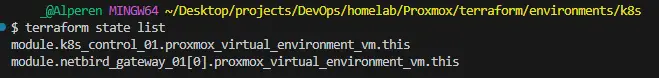 Terraform state list for Proxmox-managed homelab resources