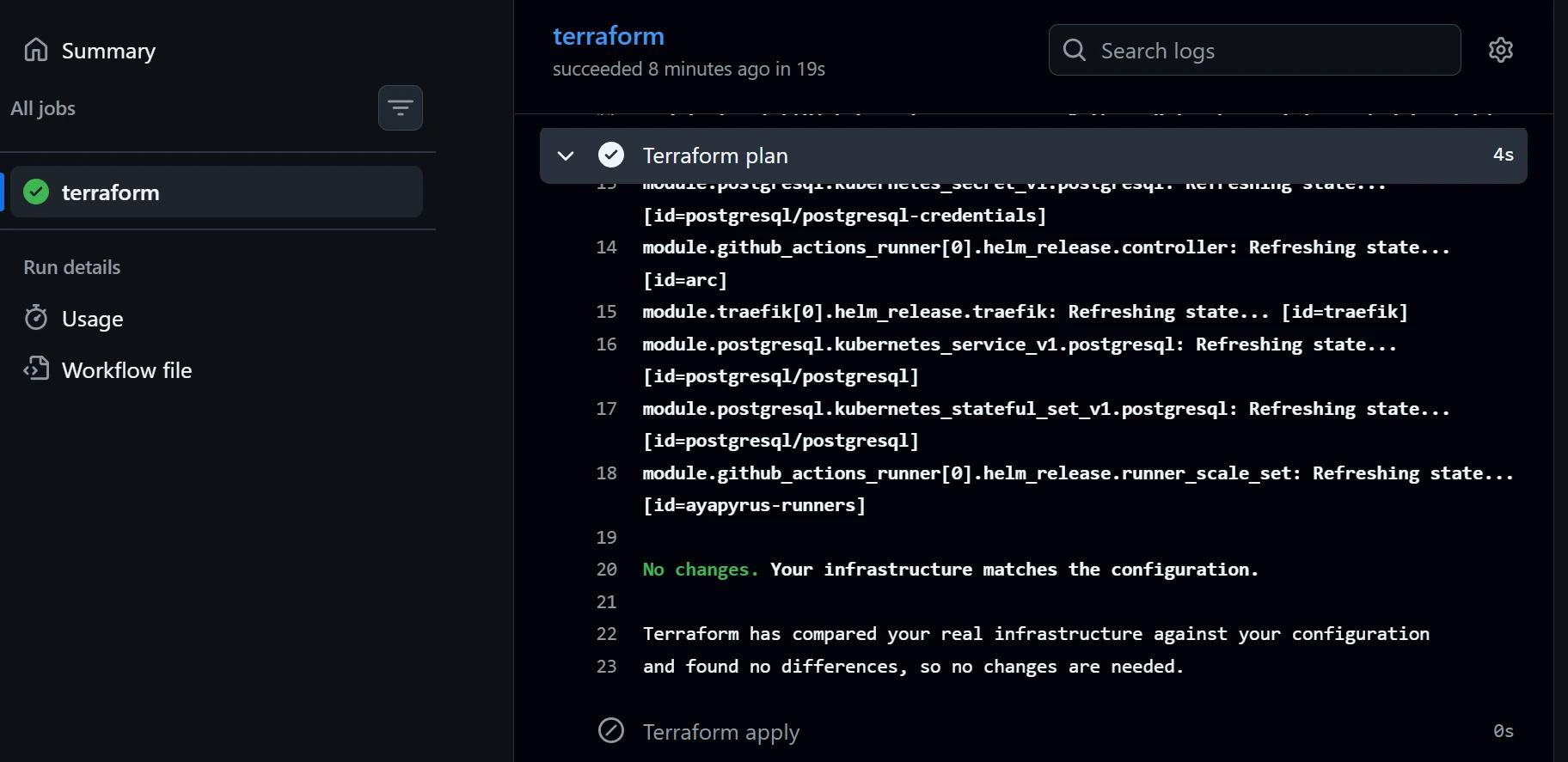 Terraform plan output executed by the homelab self-hosted runner